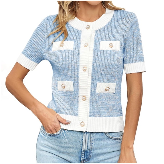 DAFPZW Womens Short Sleeve Button Down Cardigans Sweater Cropped Lightweight Crew Neck Elegant Knit Tops with Pockets