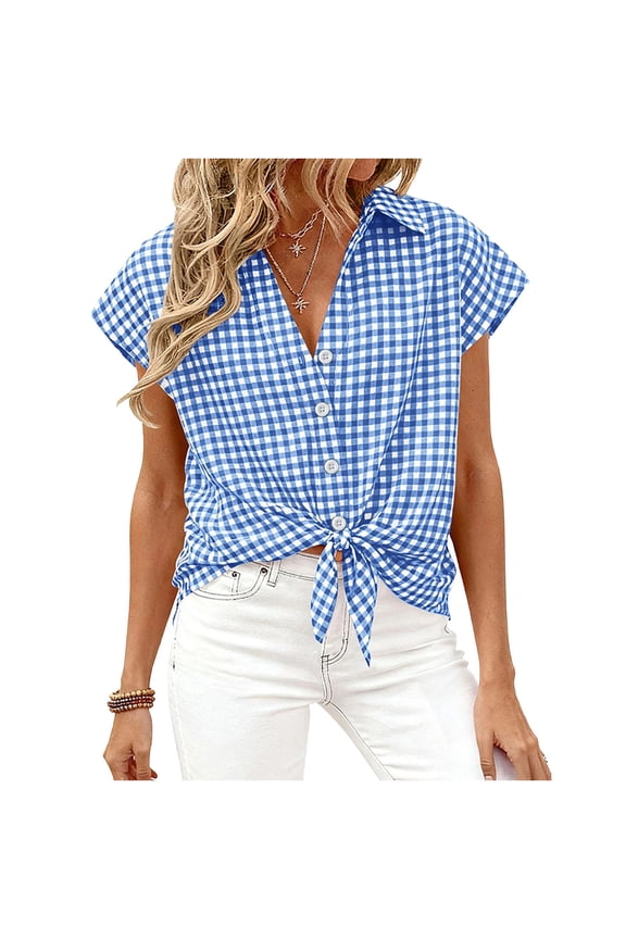 Womens Short Sleeve Shirts Plaid Button Down Blouse Dressy Casual Summer Tie Knot Business Gingham Work Tops