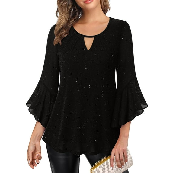 DAFPZW Womens Sparkly Tops Dressy Ruffle 3/4 Sleeve Blouses Glitter Cocktail Party Evening Shirts
