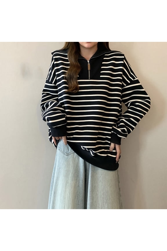 Womens Striped Sweatshirts Quarter Half Zip Pullover Fall Fashion Tops 2025 Loose Casual Shirts Comfy Winter Clothes