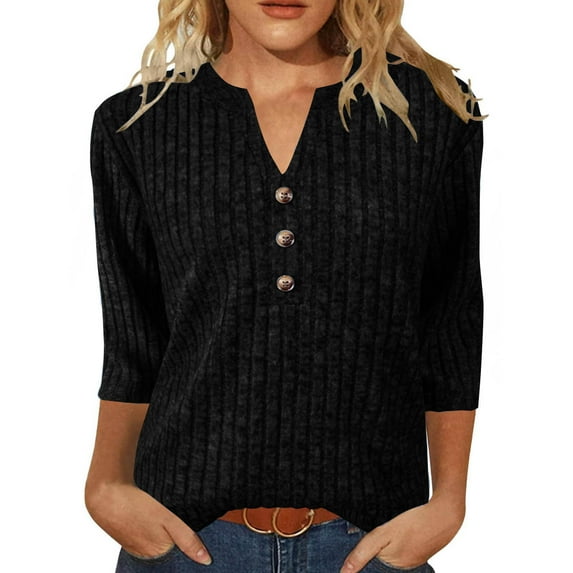 DAFPZW Womens Sweaters 3/4 Sleeve Tops Fall Fashion Button V-Neck Pullover Casual Sweatshirts Winter Clothes