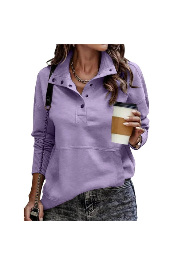 Womens Sweatshirt Cotton Button Down V Neck Long Sleeve Henley Pullovers Lightweight Loose Tunic Tops with Pockets