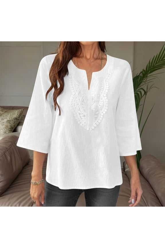 Womens Tops 3/4 Length Sleeve Blouse Peasant Flowy Boho Top Jacquard Embroidered Notch V Neck Gauze Shirts