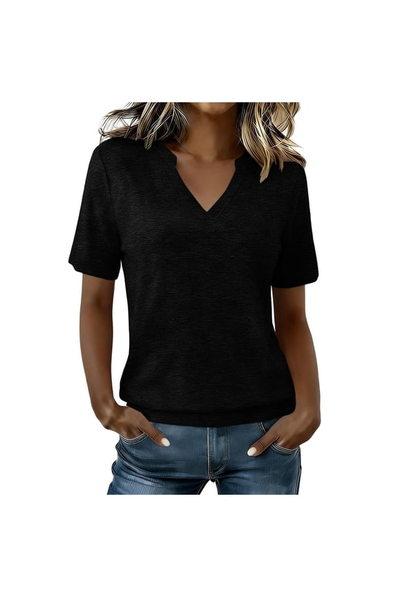Womens Tops Short Sleeve Banded Bottom Summer Tops V-Neck T-Shirts Casual Ladies Tees Business Work Blouse