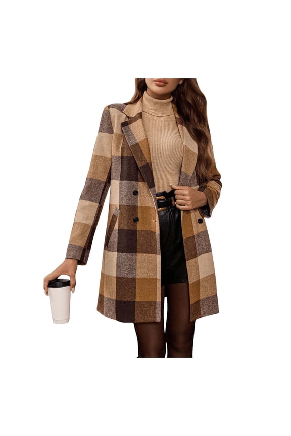 Womens Trendy Jackets Casual Winter Coat Long Sleve Button Down Lapel Outerwear Elegant Plaid Long Overcoat