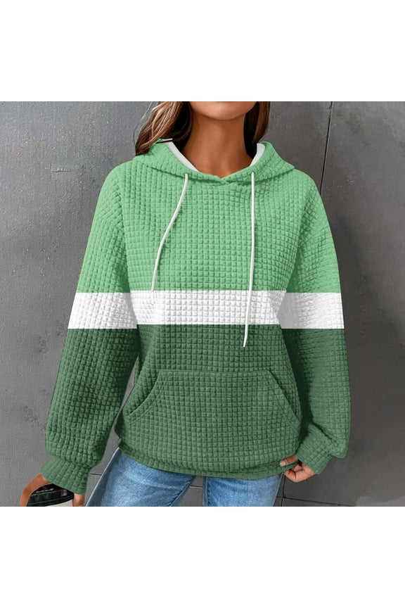 Womens Trendy Sweatshirts Long Sleeve Comfy Pullover Loose Fit Drawstring Hoodies Patchwork Lounge Fall Sweatshirt