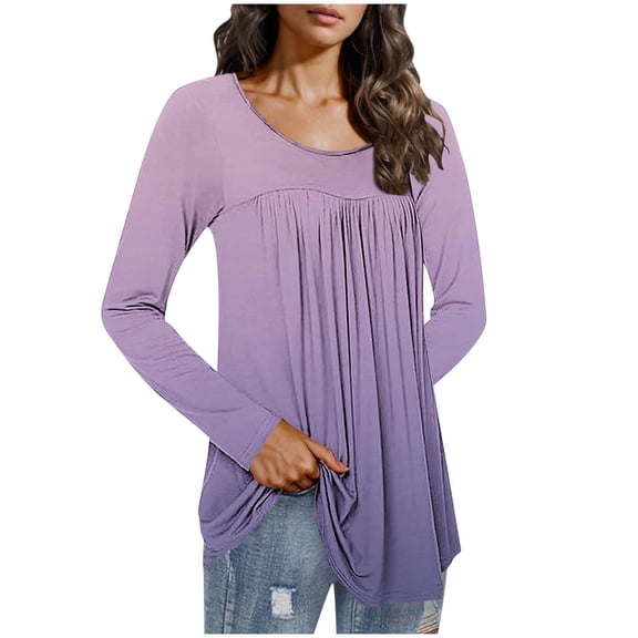 DAFPZW Womens Tunics Tops Gradient Fall Fashion Long Sleeve Shirts Loose Casual Pullover Cute Plaeated Hide Belly Blouse