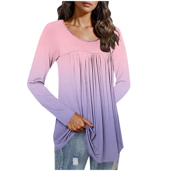 DAFPZW Womens Tunics Tops Gradient Fall Fashion Long Sleeve Shirts Loose Casual Pullover Cute Plaeated Hide Belly Blouse