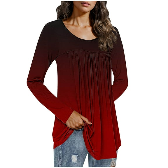 DAFPZW Womens Tunics Tops Gradient Fall Fashion Long Sleeve Shirts Loose Casual Pullover Cute Plaeated Hide Belly Blouse