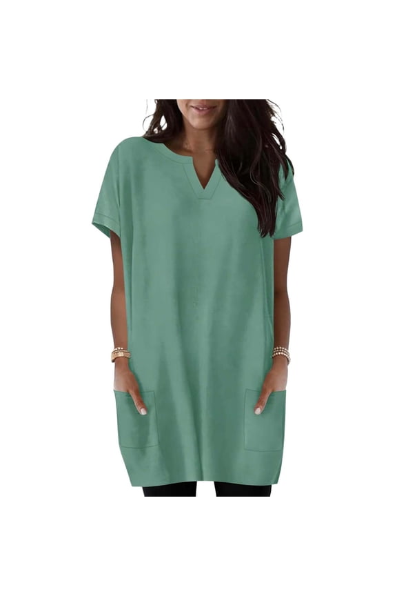 Womens Tunics Tops to Wear with Leggings Short Sleeve V-Neck Long T-Shirts with Pockets Spring Summer Shirts Dress