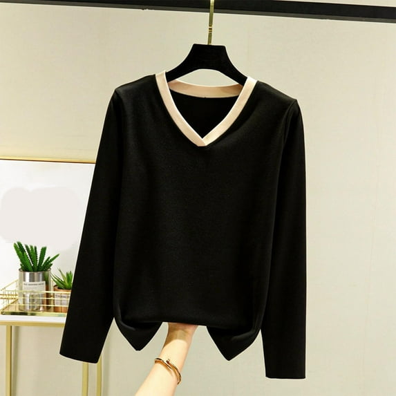 DAFPZW Womens V-Neck Thermal Shirts Color Block Casual Basic Pullovers Long Sleeve Fleece Lined Undershirt Ultra Soft Base Layer Tops