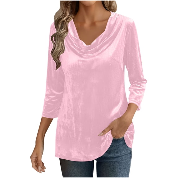 DAFPZW Womens Velvet Tops Casual Long Sleeve Shirts Fashion Cowl Neck Drape Ruched Front Blouses Tops Holiday Party Clothes