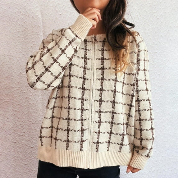 DAFPZW Womens Vintage Plaid Cardigans Zip Up Sweater Coat Long Sleeve Knit Outerwear