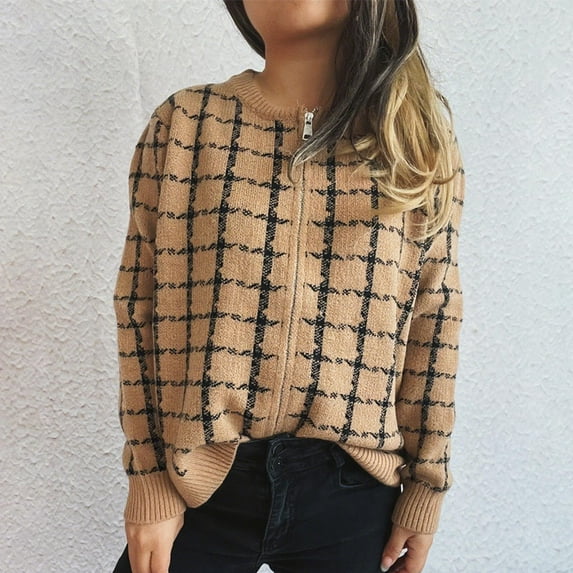 Womens Vintage Plaid Cardigans Zip Up Sweater Coat Long Sleeve Knit Outerwear