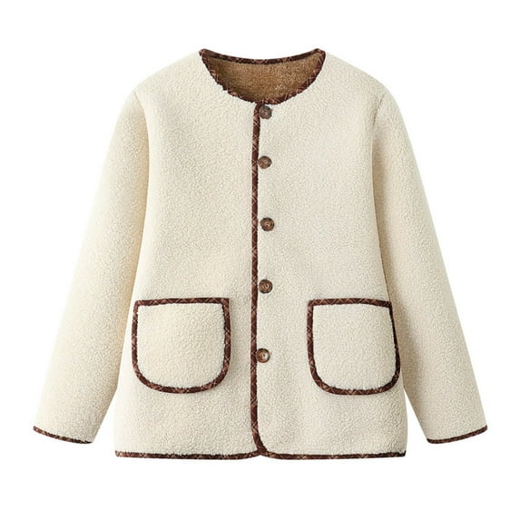DAFPZW Womens Winter Lambswool Jacket Contrast Color Casual Crew Neck Button Vintage Coats
