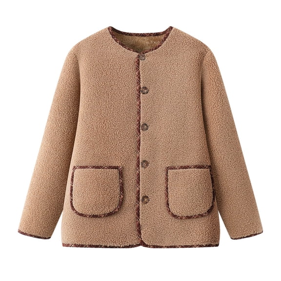 DAFPZW Womens Winter Lambswool Jacket Contrast Color Casual Crew Neck Button Vintage Coats