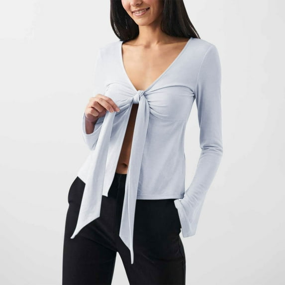 DAFPZW Womens Y2K Shirts Long Sleeve Crop Tops Sexy V Neck Twist Tie Front Dressy Going Out Tops Summer Fashion Streetwear