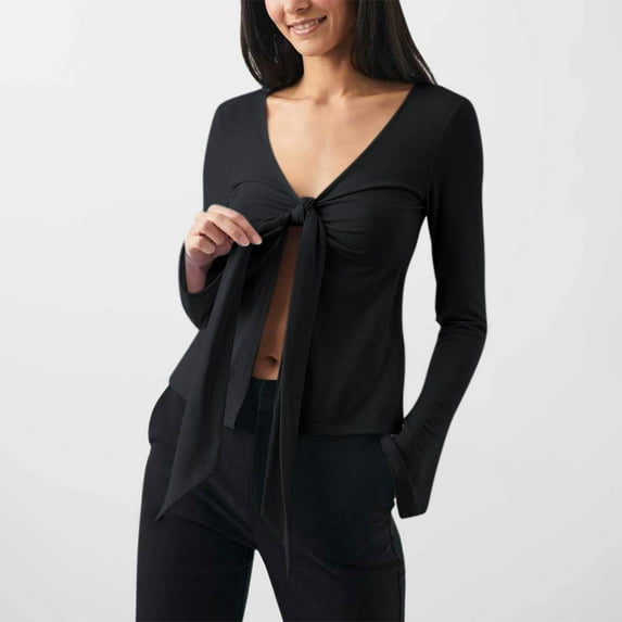 DAFPZW Womens Y2K Shirts Long Sleeve Crop Tops Sexy V Neck Twist Tie Front Dressy Going Out Tops Summer Fashion Streetwear