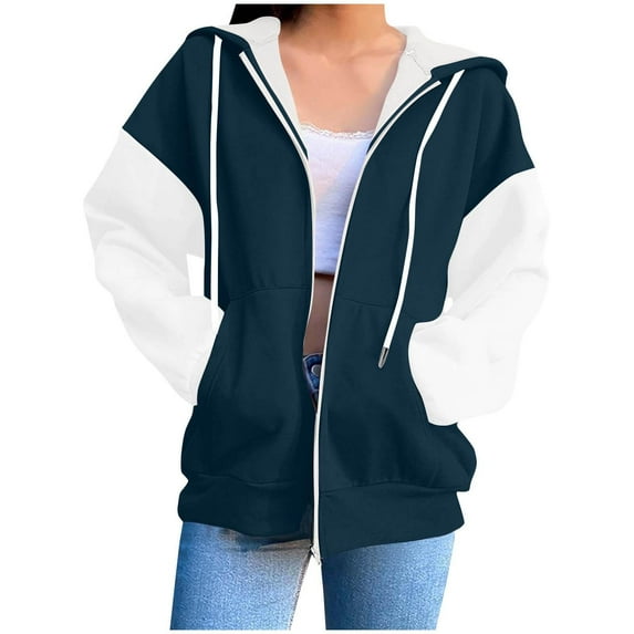 DAFPZW Womens Zip Up Hoodies Color Block Oversized Sweatshirts Fall School Fashion Outfits Casual Jackets 2025 Winter Clothes