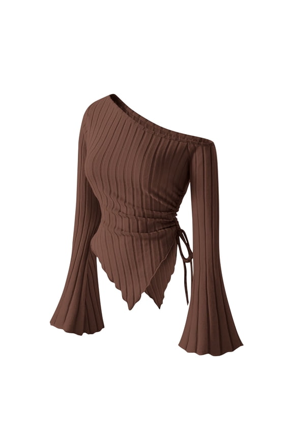 Y2K Clothes for Women One Shoulder Slim Fitted Knit Top Asymmetrical Bell Long Sleeve Tunic Tops
