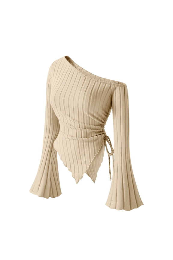 Y2K Clothes for Women One Shoulder Slim Fitted Knit Top Asymmetrical Bell Long Sleeve Tunic Tops