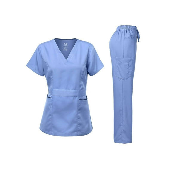 DAGACCI Classic V-Neck Top Elastic Waistband Rayon Polyester, Medical Uniform Scrub Set