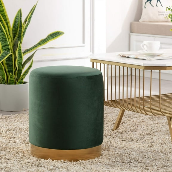 DAGONHIL Modern Round Velvet Ottoman,Upholstered Make-up Short Foot Stools with Gold Plating Base,Pack of 1,Green
