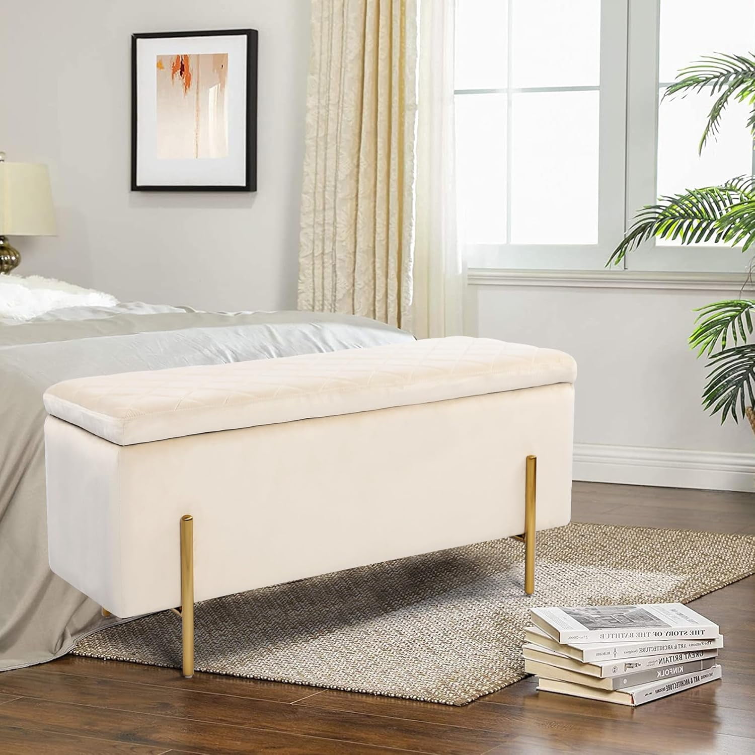 DAGONHIL Storage Bench, Beige Ottoman Bench for Bedroom, Velvet Bench ...