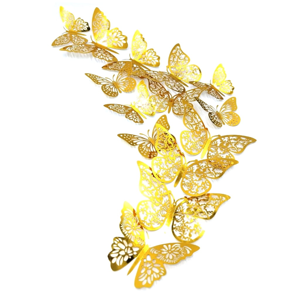 DAGOU 3D Butterfly Wall Decor 36 Pcs 3 Styles 3 Sizes, Gold Butterfly Decorations for Butterfly Birthday Decorations Butterfly Party Decorations Cake Decorations, Removable Stickers