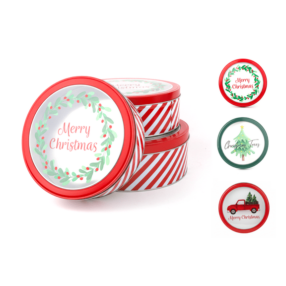 DAHO Christmas Holiday Cookie Tin Containers with Window, 3pc Nested Set, Holiday Cookie Tins with Lid for Gift Giving, Cookie, Treats, Cookies Party Favor and Gifts