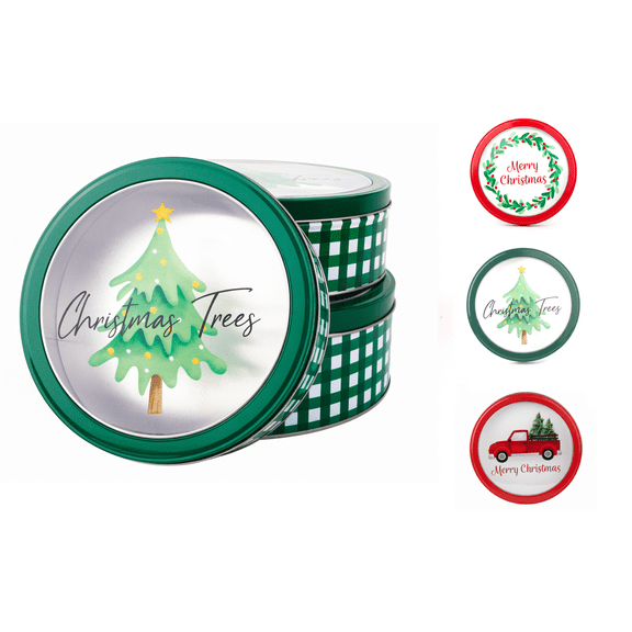 DAHO Christmas Holiday Cookie Tin Containers with Window, 3pc Nested Set, Holiday Cookie Tins with Lid for Gift Giving, Cookie, Treats, Cookies Party Favor and Gifts
