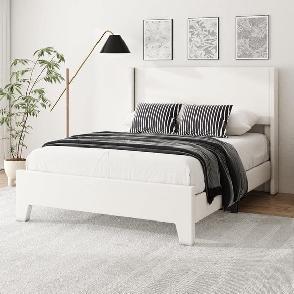 DAIILIO Full Size Bed Frame with Faux Leather Upholstered Headboard, Wear-Resistant, Easy Clean, Mattress Foundation, No Box Spring Required, Easy Assembly, Beige