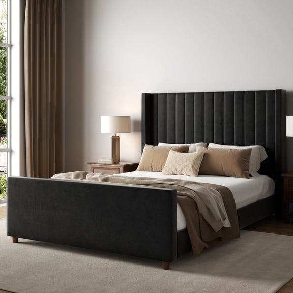 DAIILIO King Size Bed Frame, Upholstered Platform Bed with 62" Tall Headboard & Footboard, Soft Velvet Fabric, No Box Spring Required, Easy Assembly, Beige