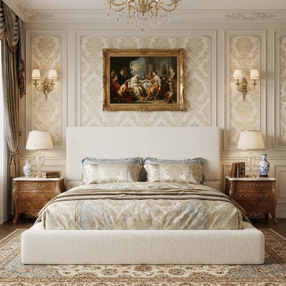 DAIILIO QUEEN Size Boucle Bed Frame，Upholstered Floor Platform Bed with Headboard，Soft Cloud Bed with Thickened Wide Bedside，Easy Assembly, Cream