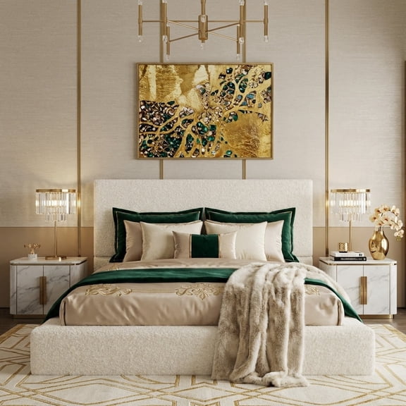 DAIILIO King Size Boucle Bed Frame, Upholstered Floor Platform Bed with Headboard, Soft Cloud Bed with Thickened Wide Bedside,Easy Assembly, Cream