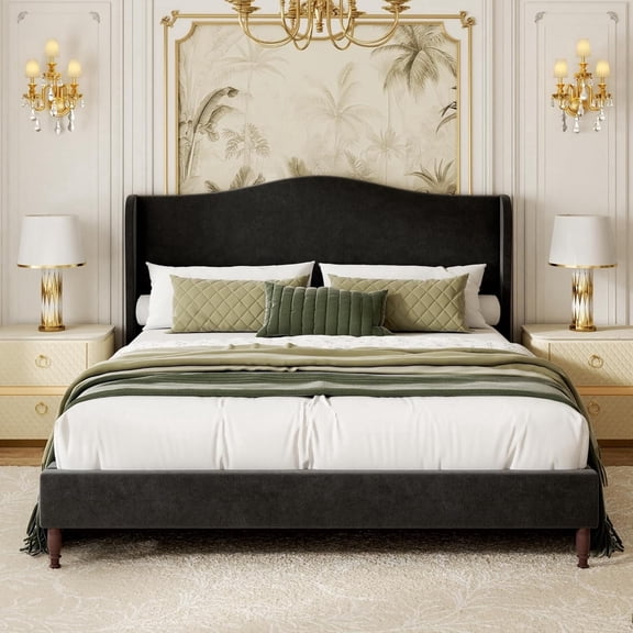 DAIILIO Queen Size Upholstered Platform Bed Frame, 51" Tall Chenille Fabric Headboard with Classic Curved Wingback Design, Vintage Solid Wood Legs, No Box Spring Needed, Noise-Free, Black
