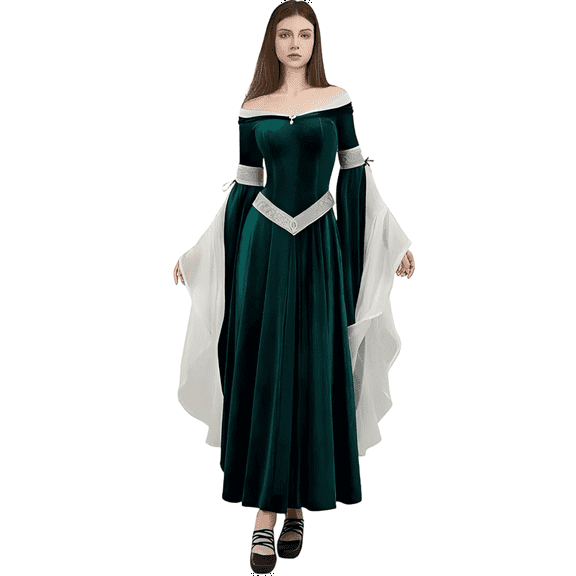 DAIZBELLA Elf Style Medieval Renaissance Dress Green Retro Gown Dress with Chiffon Sleeves, XL