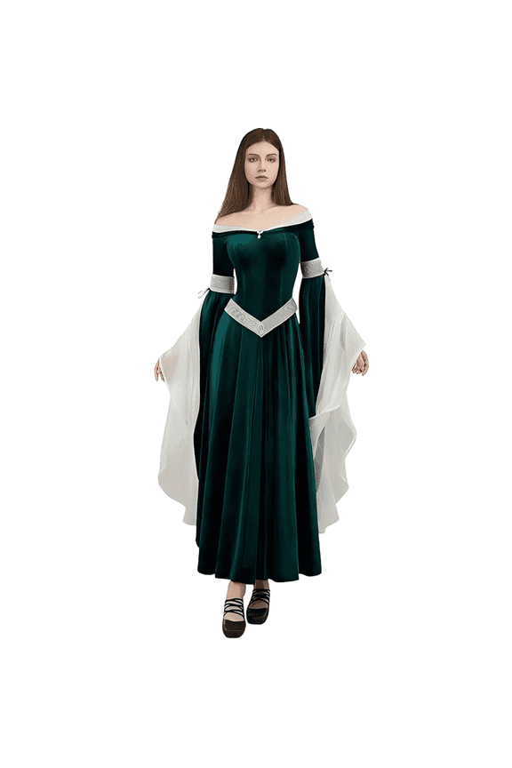Elf Style Medieval Renaissance Dress Green Retro Gown Dress with Chiffon Sleeves, XL