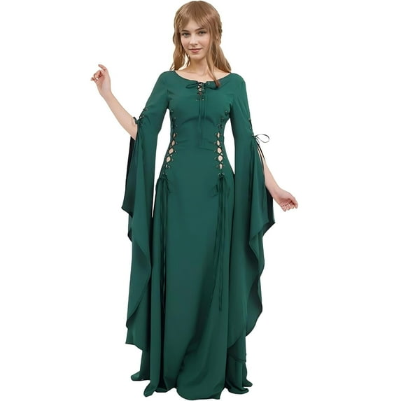 DAIZBELLA Green Medieval Renaissance Dress Lace-up Vintage Dress with Long Trailing Sleeves, XL