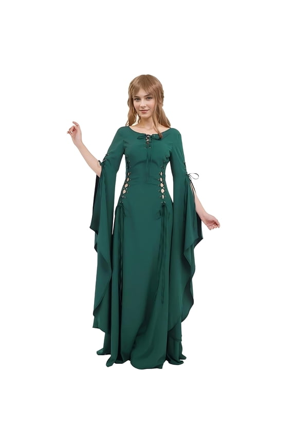 Green Medieval Renaissance Dress Lace-up Vintage Dress with Long Trailing Sleeves, M