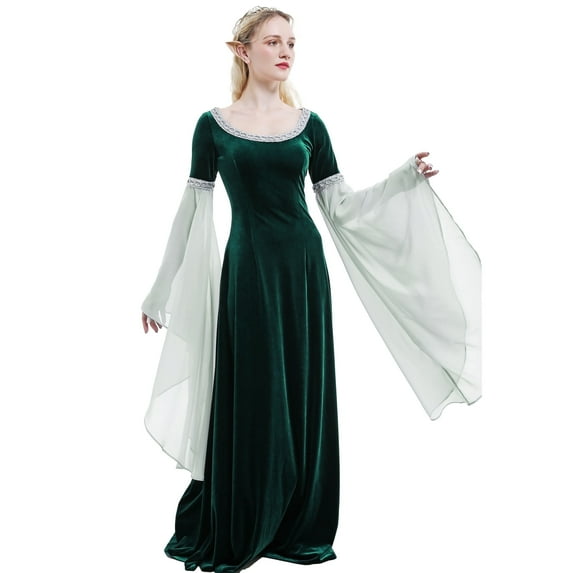 DAIZBELLA Medieval Renaissance Dress Retro Fairy Elf Green Velvet Gown with Chiffon Sleeves, L