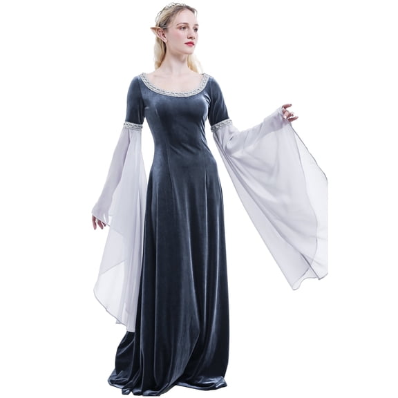 DAIZBELLA Medieval Renaissance Dress Vintage Retro Dress Grey Velvet Gown with Chiffon Sleeves, S