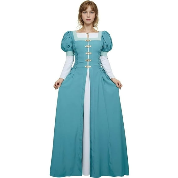 DAIZBELLA Renaissance Dress for Women Blue Medieval Dress with Puff Sleeves Fake Two-Piece Dress, M