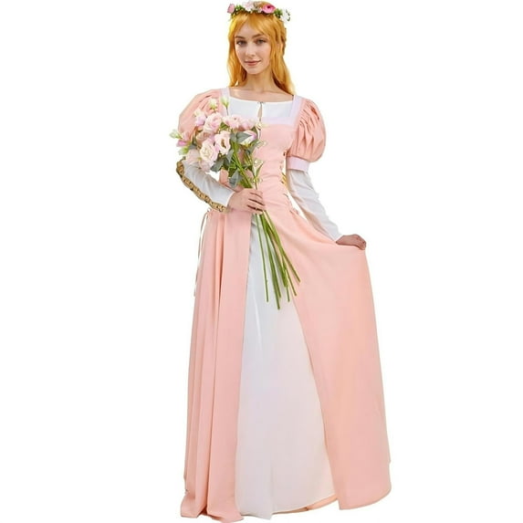 DAIZBELLA Renaissance Dress for Women Pink Medieval Dress with Puff Sleeves Fake Two-Piece Dress, M