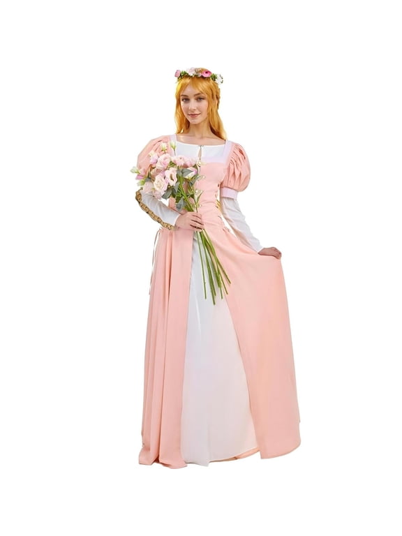 Renaissance Dress for Women Pink Medieval Dress with Puff Sleeves Fake Two-Piece Dress, M
