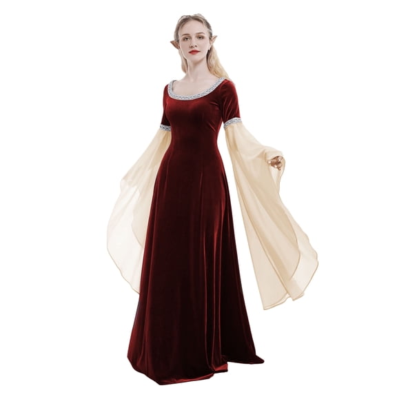 DAIZBELLA Women's Red Renaissance Dress Historical Retro Dress Velvet Gown with Chiffon Sleeves, XL