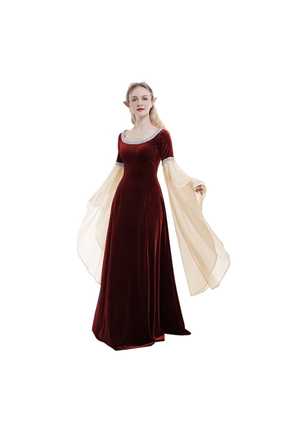Women's Red Renaissance Dress Historical Retro Dress Velvet Gown with Chiffon Sleeves, XL