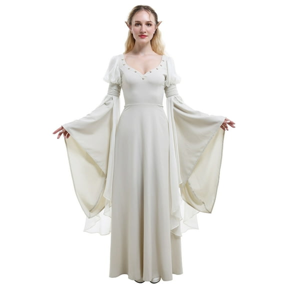 DAIZBELLA Women's White Renaissance Dress with Bell Sleeves Retro Medieval Dress, XL