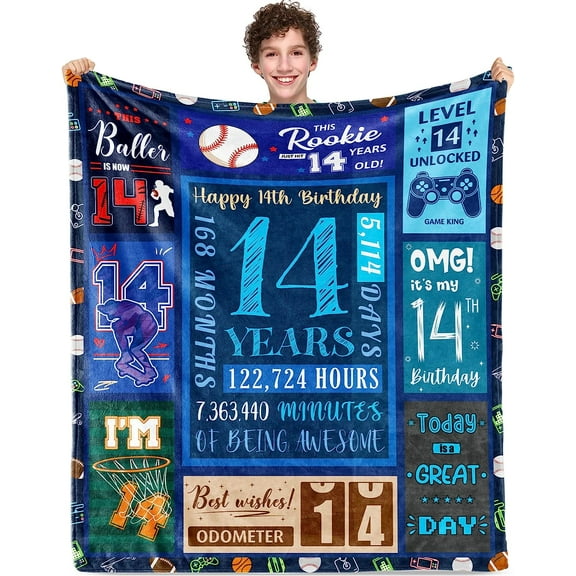 DAJU 14th Birthday Blanket Gifts for Boys Soft Flannel Throw Blanket for Kids 14 Year Old Boys Birthday Gift Ideas Happy 14th Birthday Party Decorations Blanket(50*60inch)