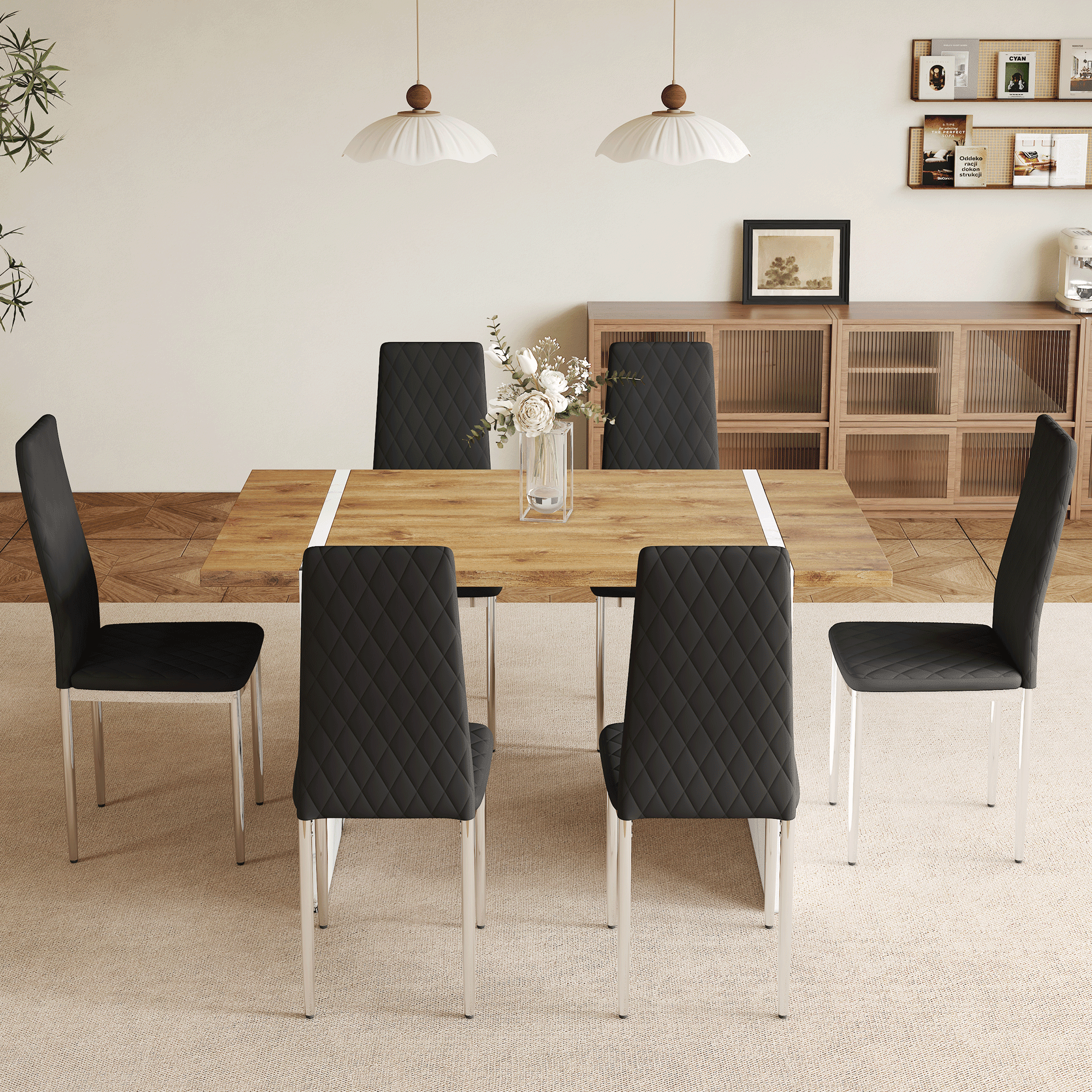 DAJU English translation: 55-inch solid wood veneer dining table+6 ...